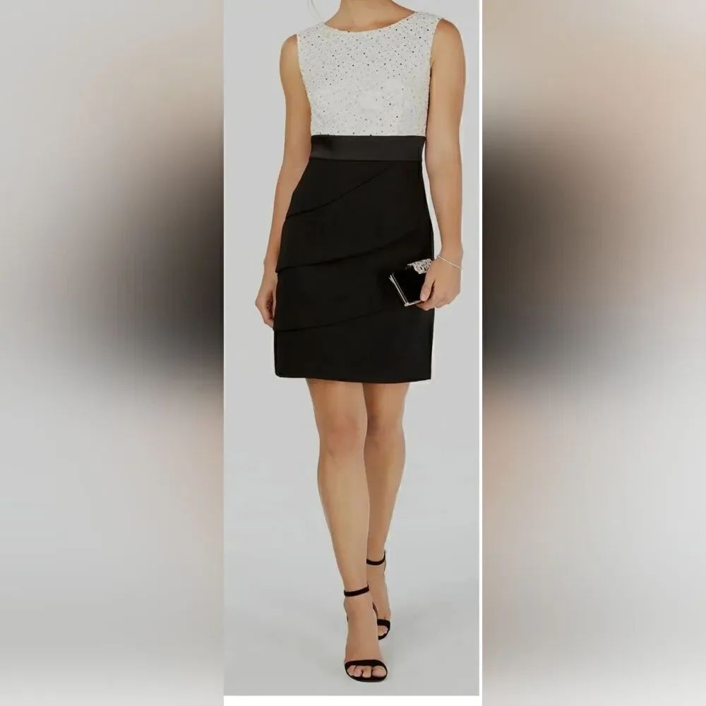 Connected Apparel Black White Colorblock Sequin Lace Cocktail dress NWT size 8P